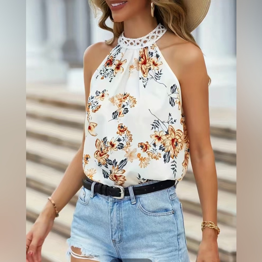 Floral Print Halter Neck Blouse Cream With Lace Ribbon Necktie Size M